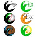 Set of logo icons. Bird hugs diamond wings, ball, lettering logo.